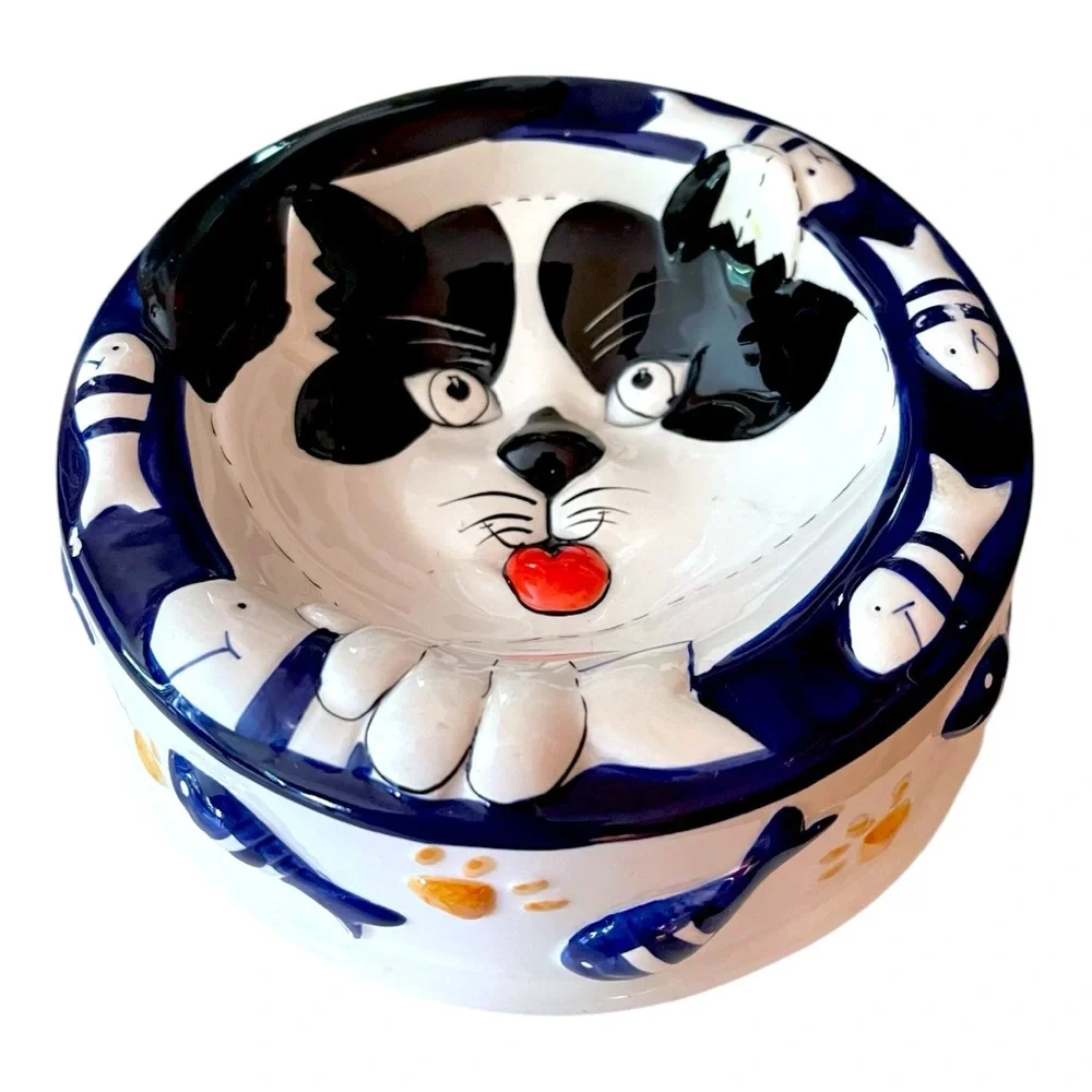 NEW Vtg Baum Bros. Hand Painted Ceramic 3D Fish & Paws Kitty Cat Food/Dish Bowl